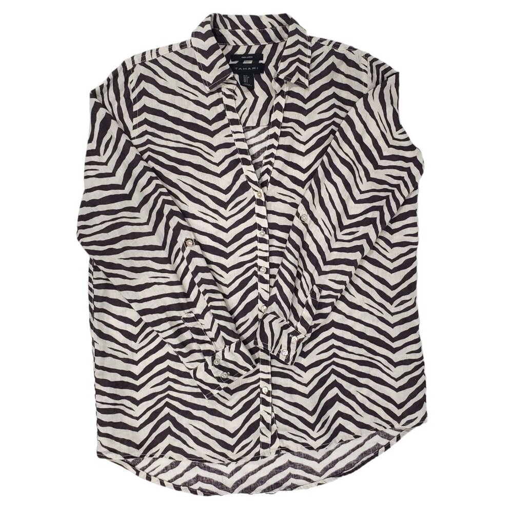 Tahari Linen Zebra Print Button Up Roll Tab Sleev… - image 7